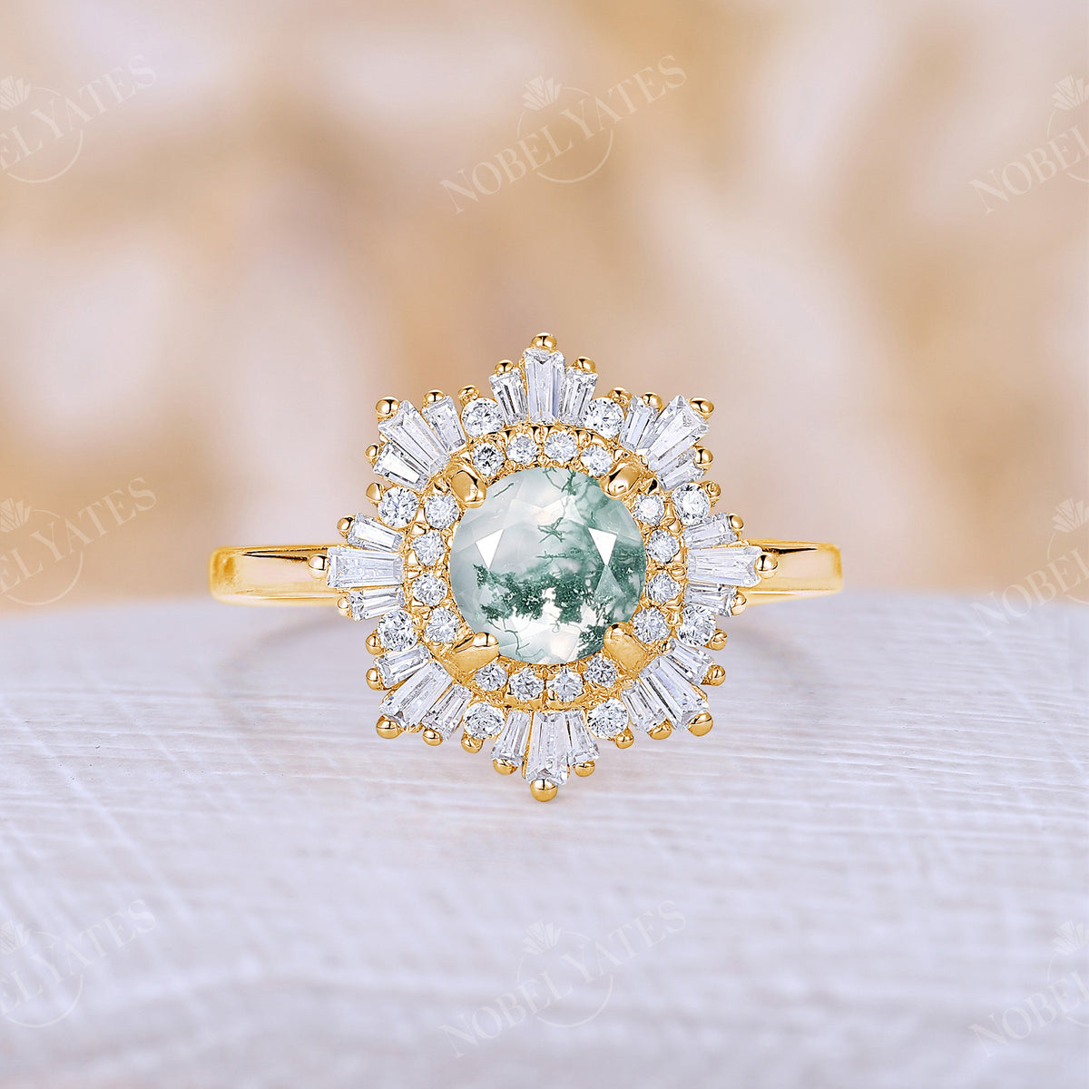 Moss Agate Art Deco Round Halo Engagement Ring White Gold
