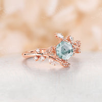 Moss Agate Engagement Ring Diamond Leaf Design Rose Gold