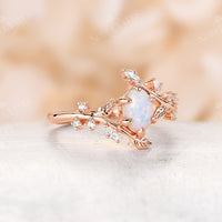 Nature Inspired Oval Lab Opal Branch Leaf Engagement Ring Rose Gold