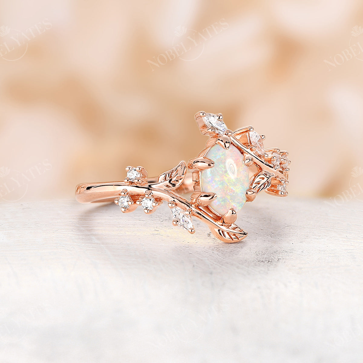 Oval Shape White Opal Leaf Style Engagement Ring Bypass Rose Gold Band