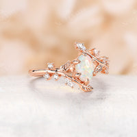 Oval Shape White Opal Leaf Style Engagement Ring Bypass Rose Gold Band