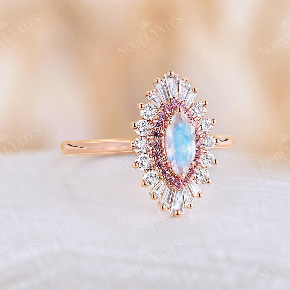 Marquise Moonstone Art Deco Rose Gold Halo Engagement Ring