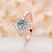 Round Cut Moss Agate Art Deco Rose Gold Halo Engagement Ring