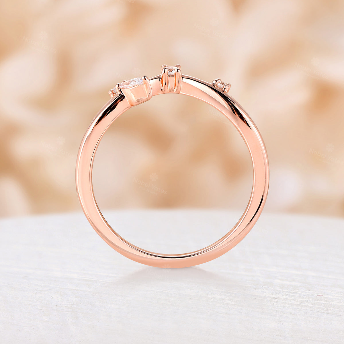 Round Moissanite Curved Rose Gold Matching Wedding Band Dainty