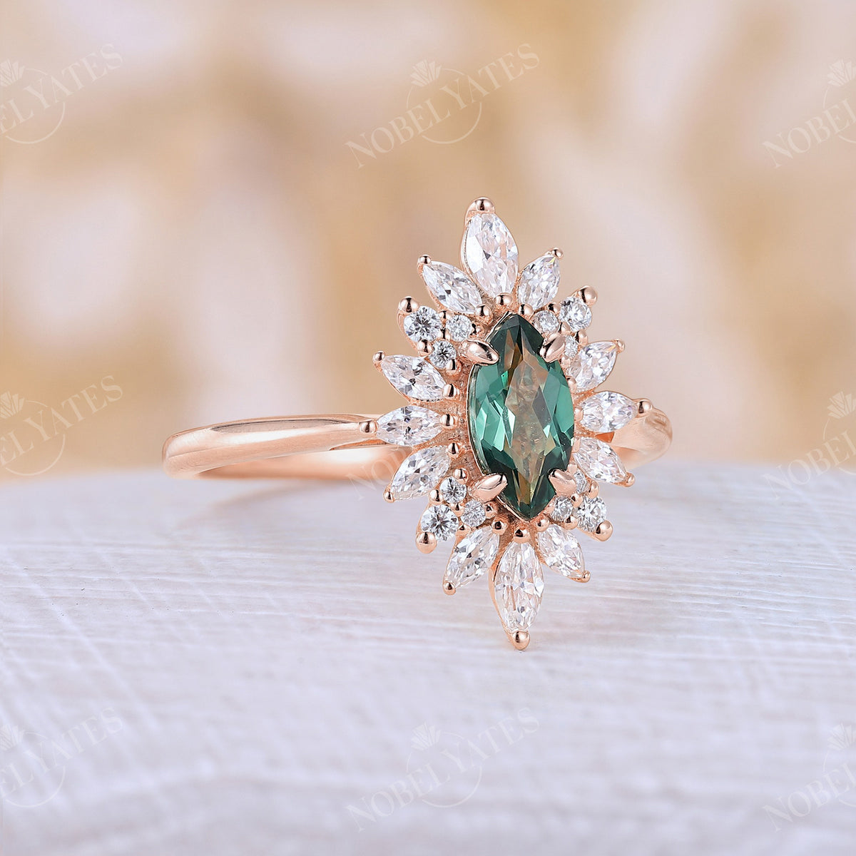 Vintage Marquise Lab Green Sapphire Halo Engagement Ring Rose Gold