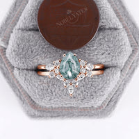Pear Shape Moss Agate Vintage Cluster Engagement Ring Set Rose Gold