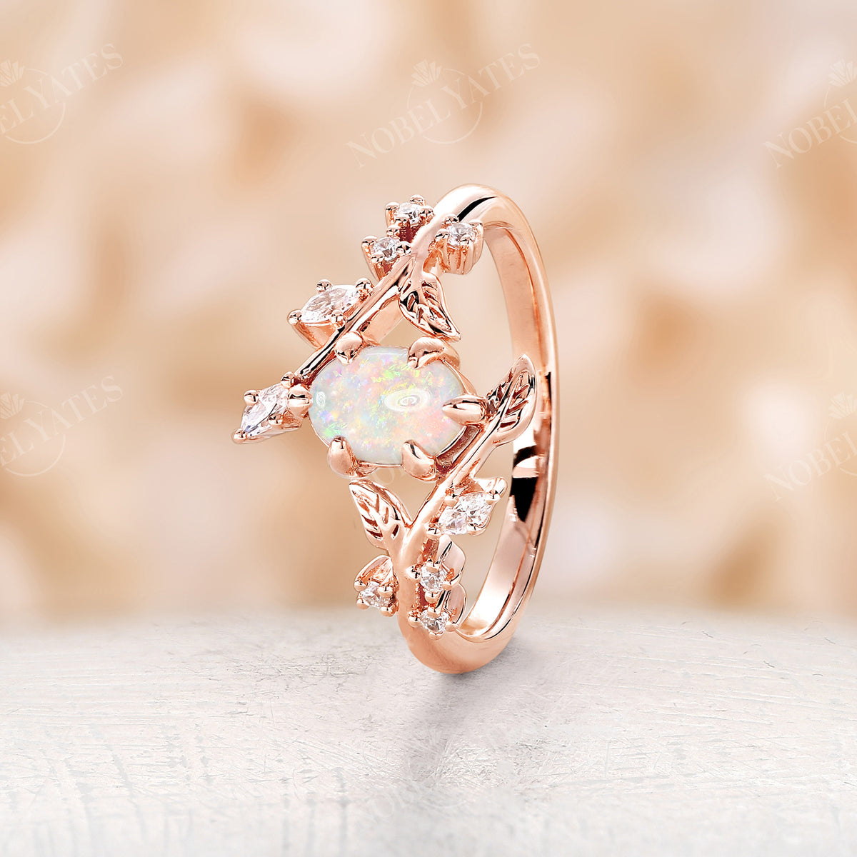 Nature Inspired Oval Lab Opal Branch Leaf Engagement Ring Rose Gold