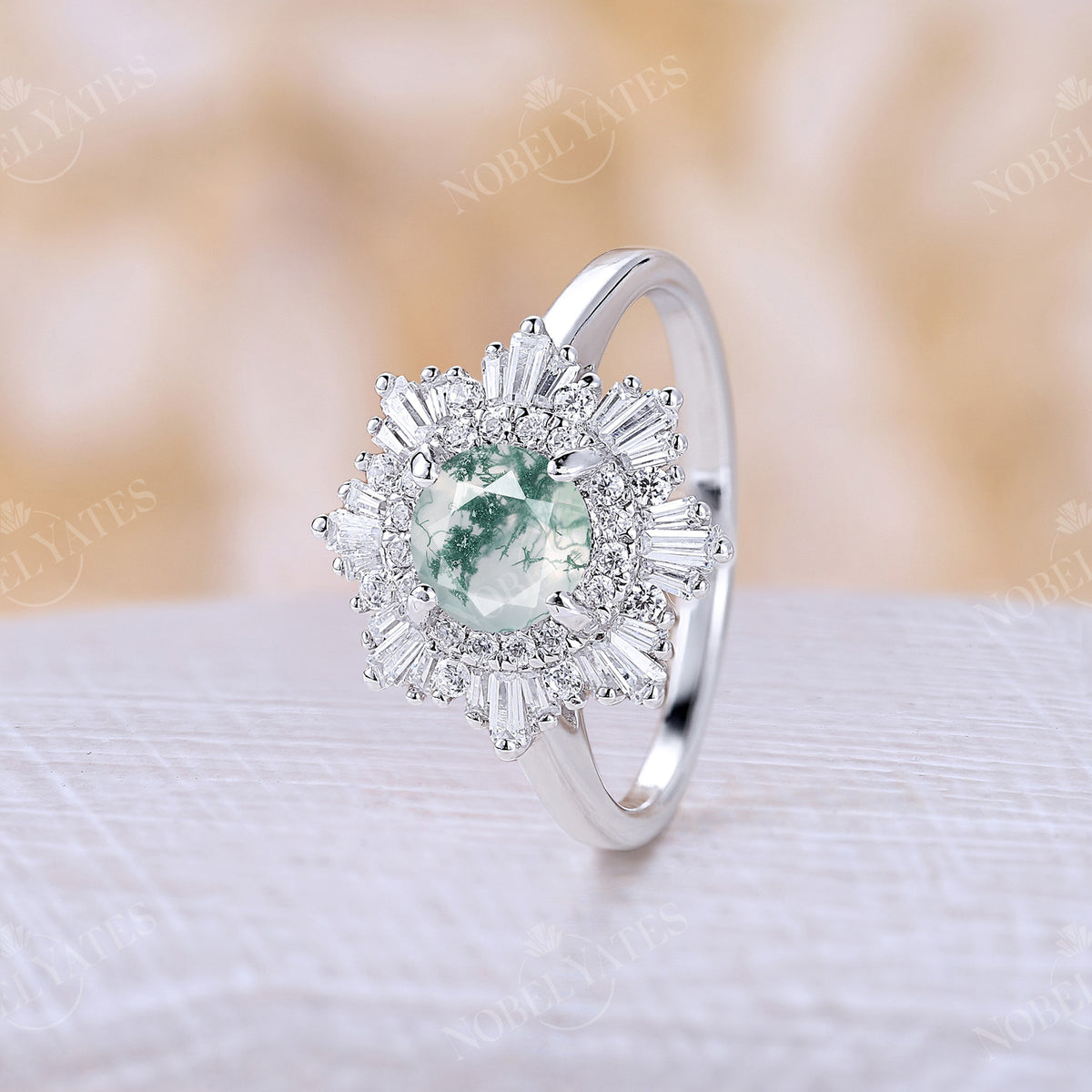 Moss Agate Art Deco Round Halo Engagement Ring White Gold