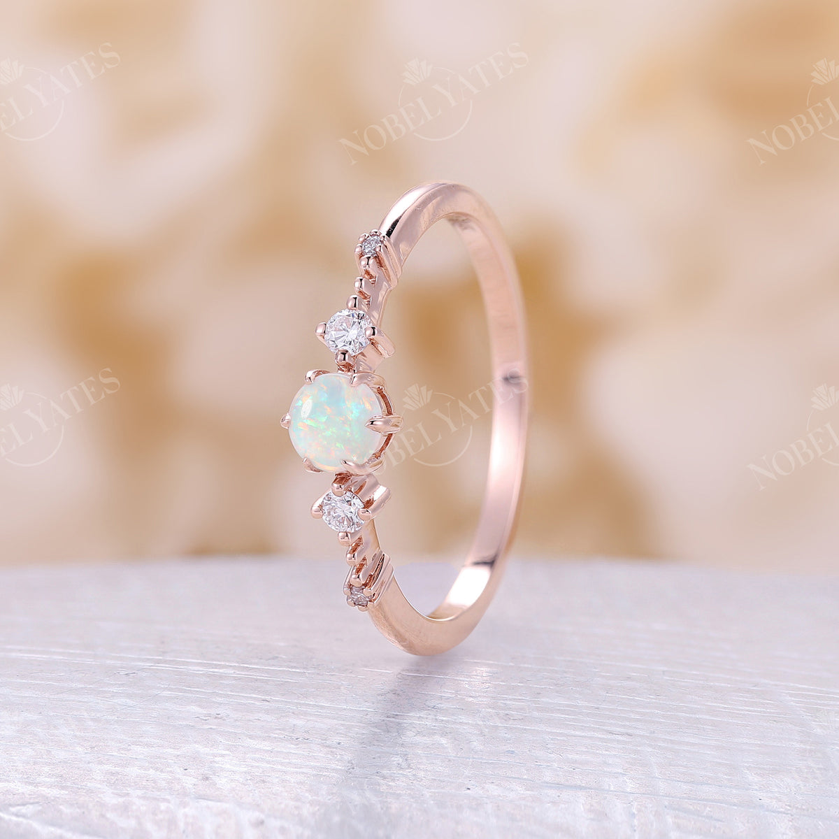 Round White Opal Vintage Rose Gold Engagement Ring