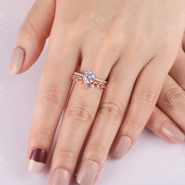 Vintage Moissanite Rose Gold Round Pave Engagement Ring Set