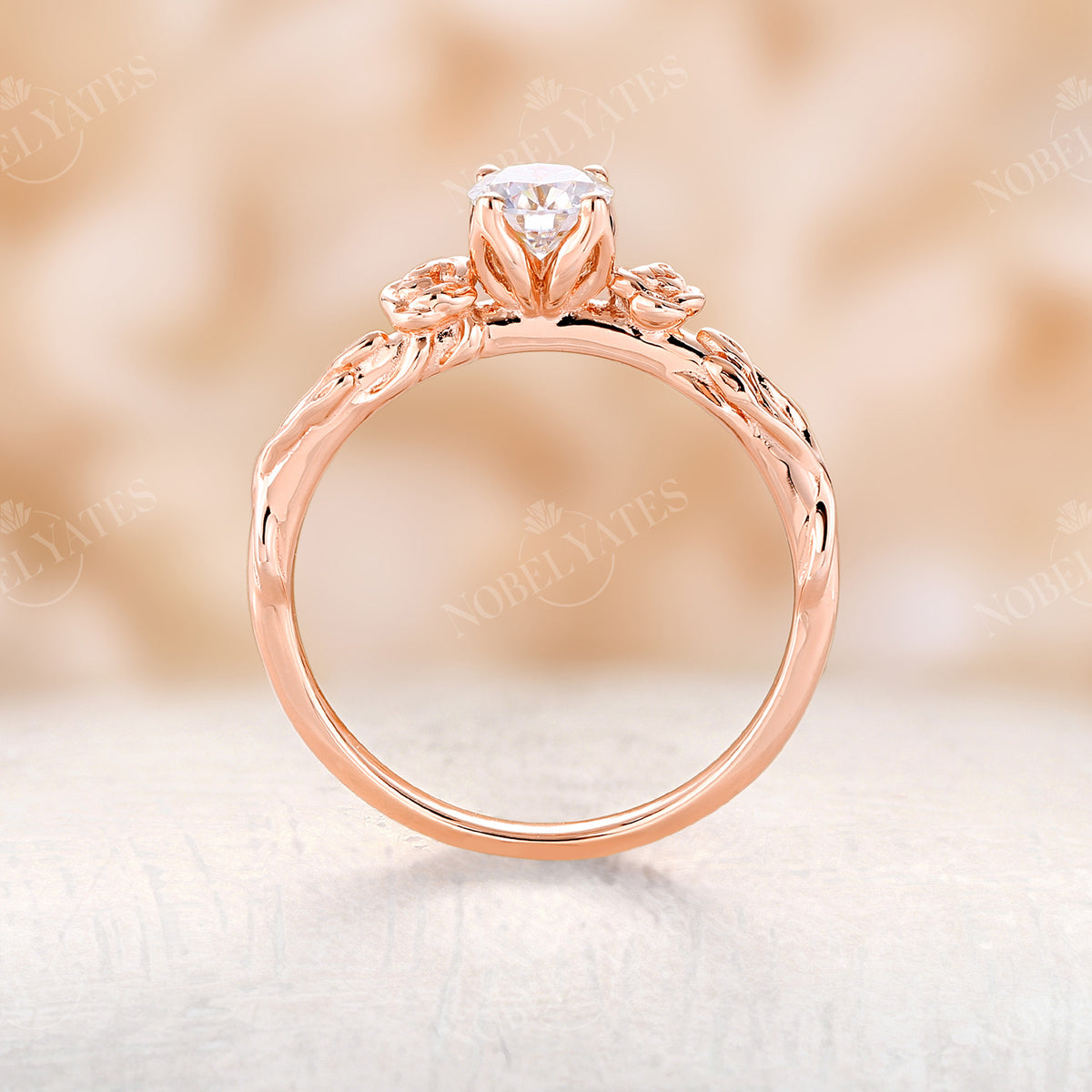 Solitaire Moissanite Nature Inspired Floral Engagement Ring Rose Gold
