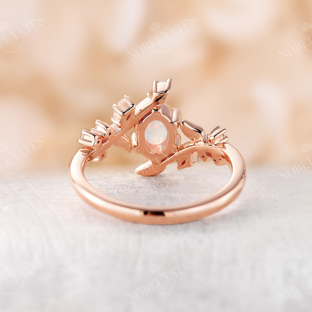 Oval Shape White Opal Leaf Style Engagement Ring Bypass Rose Gold Band