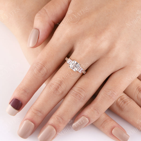 Asscher Cut Moissanite Rose Gold Milgrain Engagement Ring Art Deco