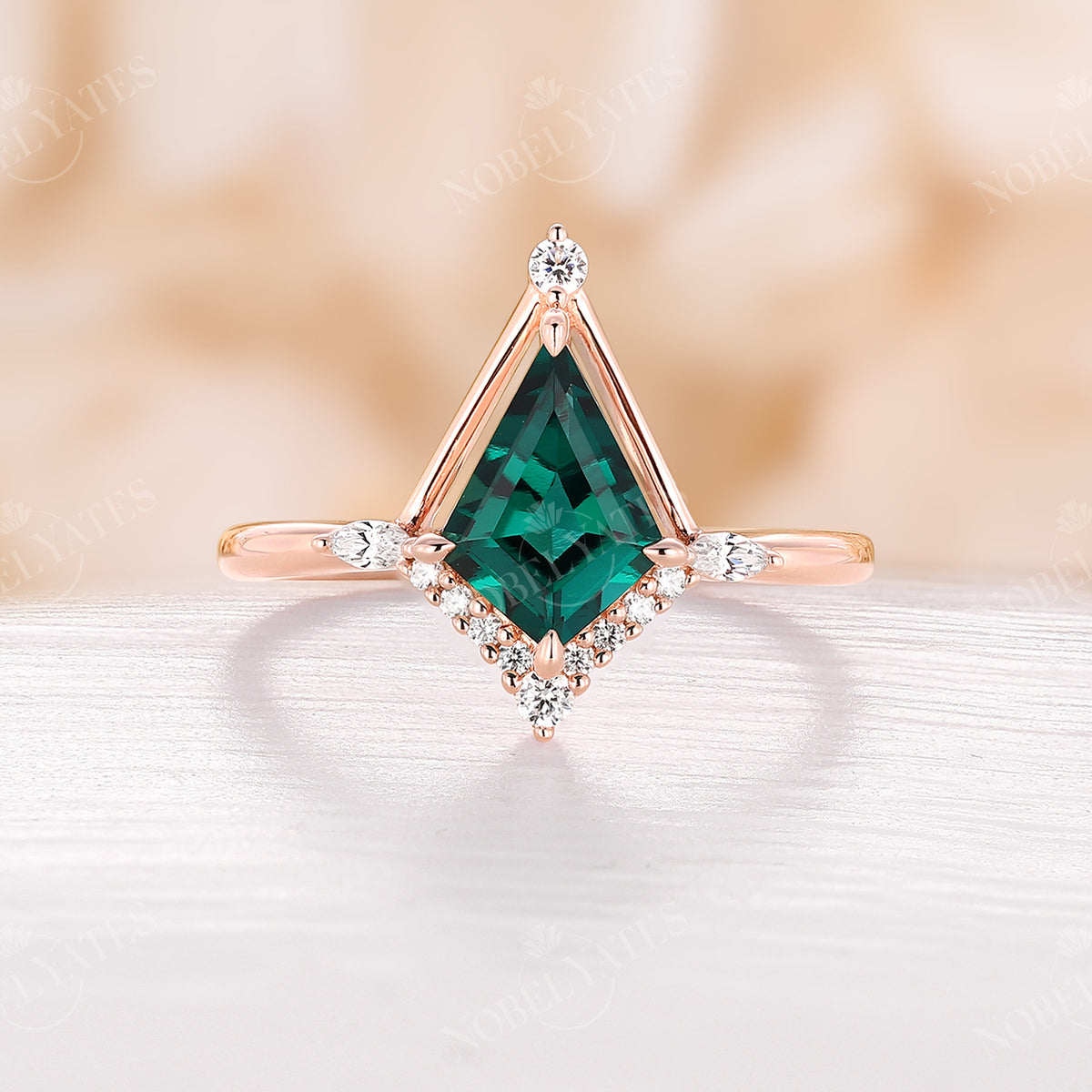 Kite Shape Lab Emerald Engagement Ring Vintage Rose Gold