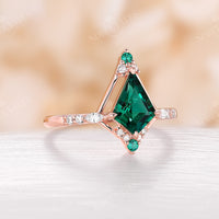 Vintage Kite Shape Lab Emerald Rose Gold Engagement Ring