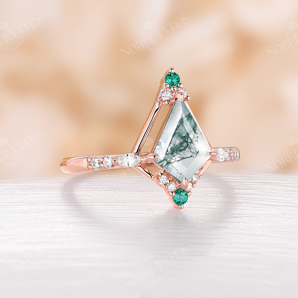 Vintage Moss Agate & Lab Emerald Kite Engagement Ring Rose Gold