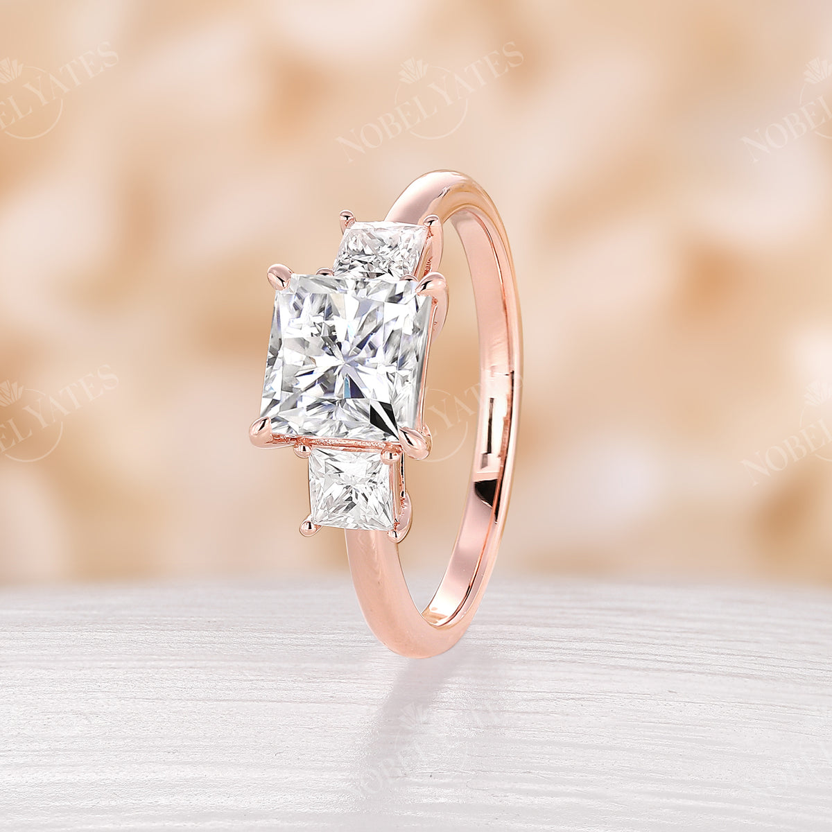 Princess Three Stones Rose Gold Engagement Ring Classic