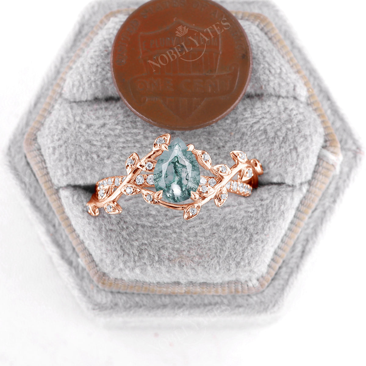 Moss Agate Rose Gold Nature Inspired Leaf&Twig Engagement Ring