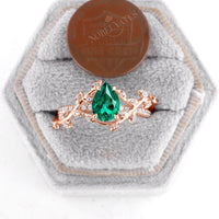 Nature Inspired Pear Lab Emerald Branch Leaf Engagement Ring Rose Gold