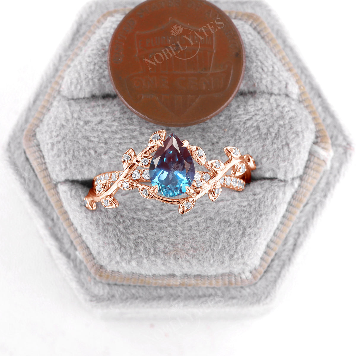 Pear Lab Alexandrite Rose Gold Nature Inspired Twig Leaf Engagement Ring