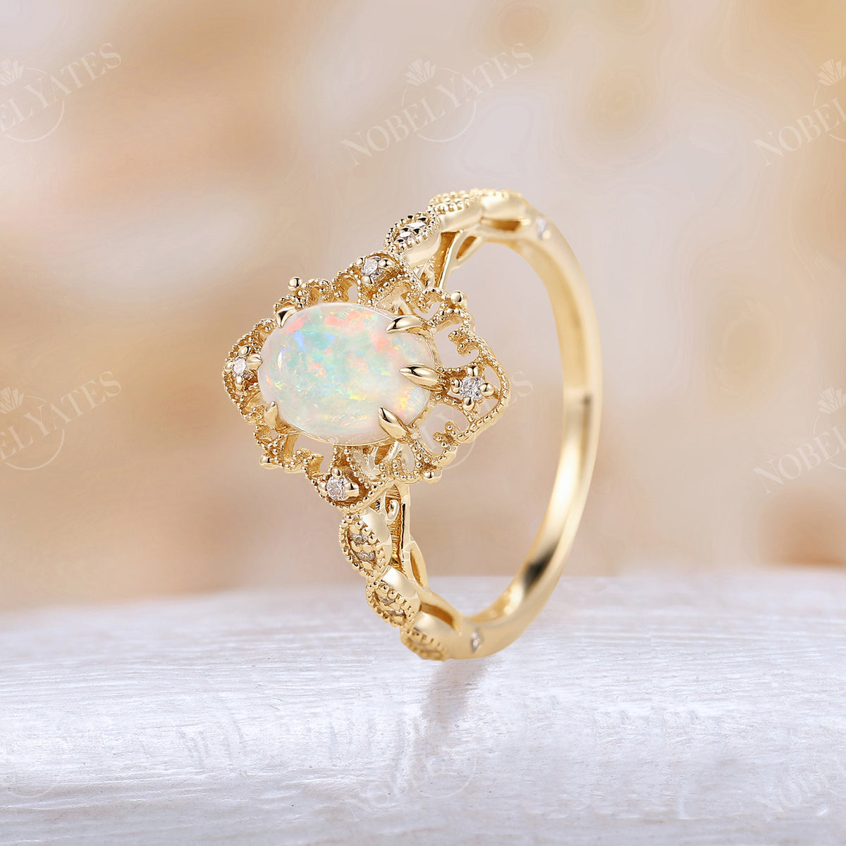 Vintage Oval Opal Milgrain Engagement Ring Yellow Gold