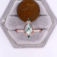 Vintage Moss Agate & Lab Emerald Kite Engagement Ring Rose Gold
