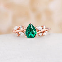 Nature Inspired Pear Lab Emerald Engagement Ring Marquise Moissanite Band