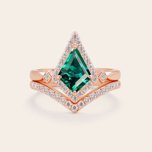 Kite Cut Lab Green Emerald Art Deco Engagement Ring Sets 2pcs-Nobel Yates