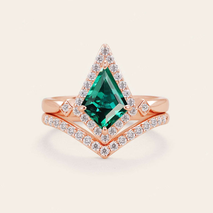 Kite Cut Lab Green Emerald Art Deco Engagement Ring Sets 2pcs-Nobel Yates