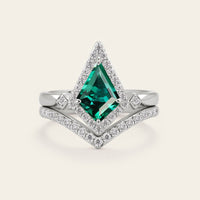 Kite Cut Lab Green Emerald Art Deco Engagement Ring Sets 2pcs