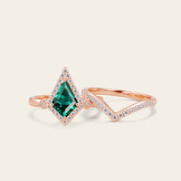 Kite Cut Lab Green Emerald Art Deco Engagement Ring Sets 2pcs