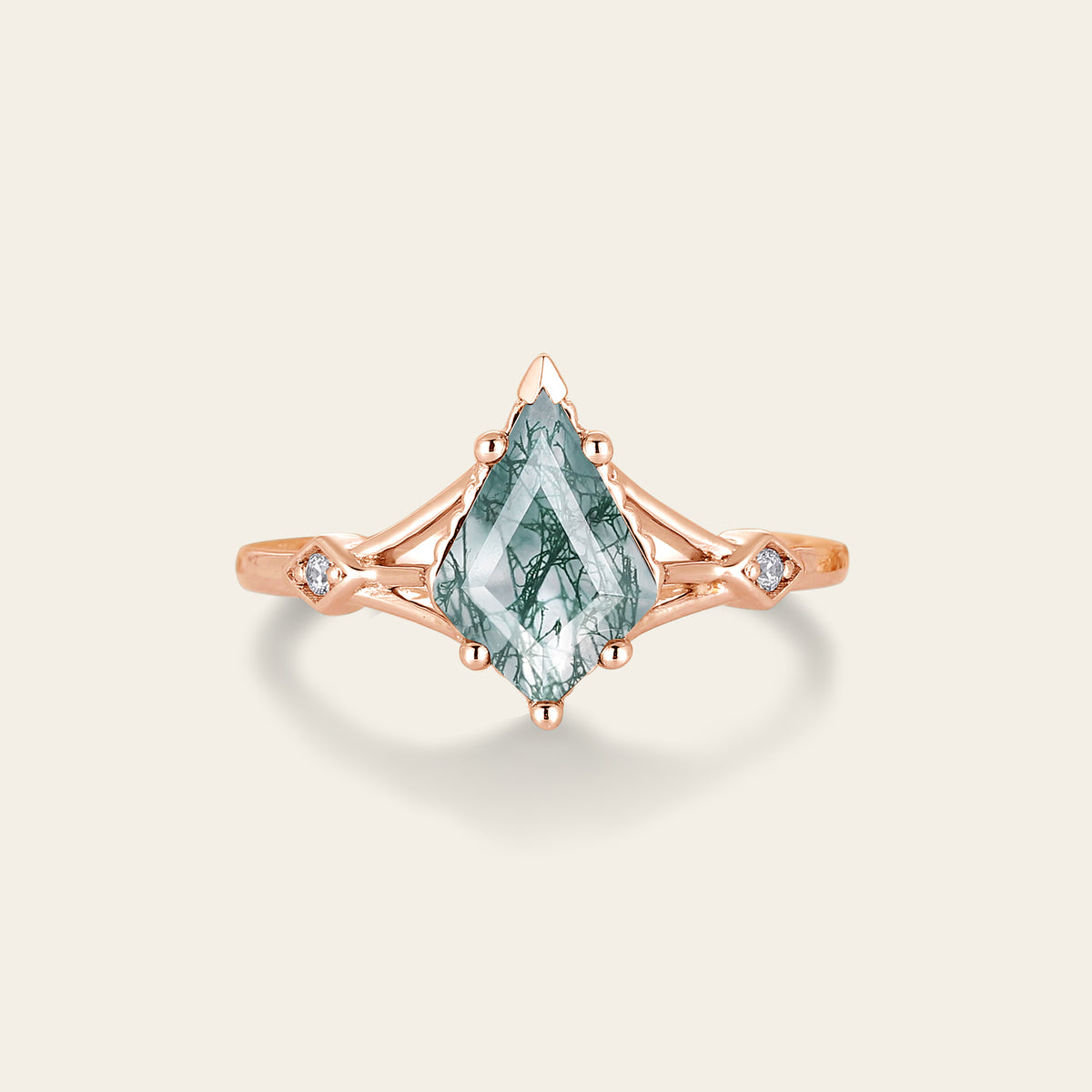 Kite Shape Moss Agate Vintage Rose Gold Engagement Ring