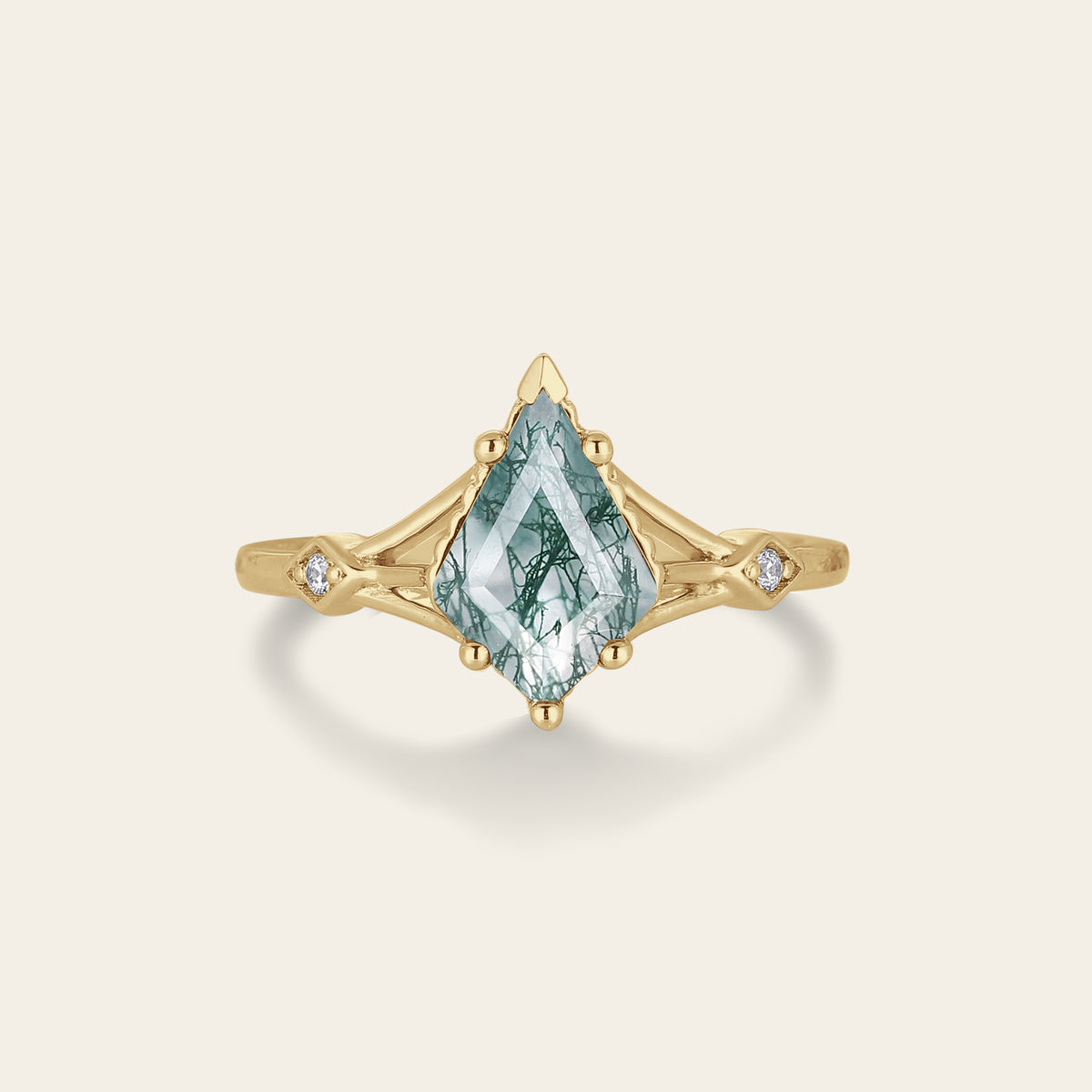 Kite Shape Moss Agate Vintage Rose Gold Engagement Ring