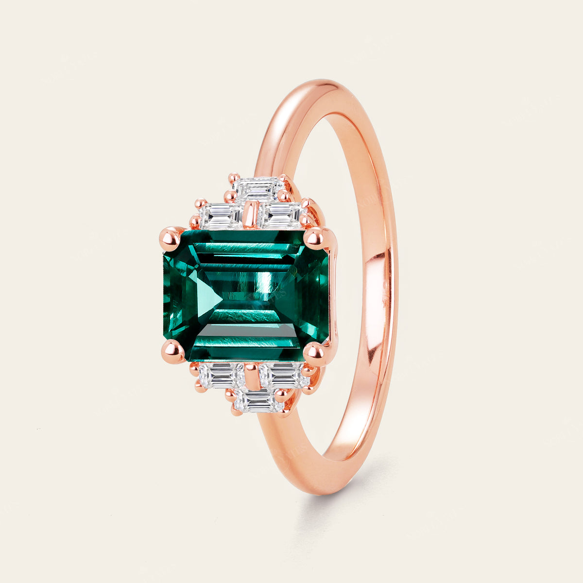 Lab Emerald Green & Lab Grown Diamond Art Deco Engagement Ring