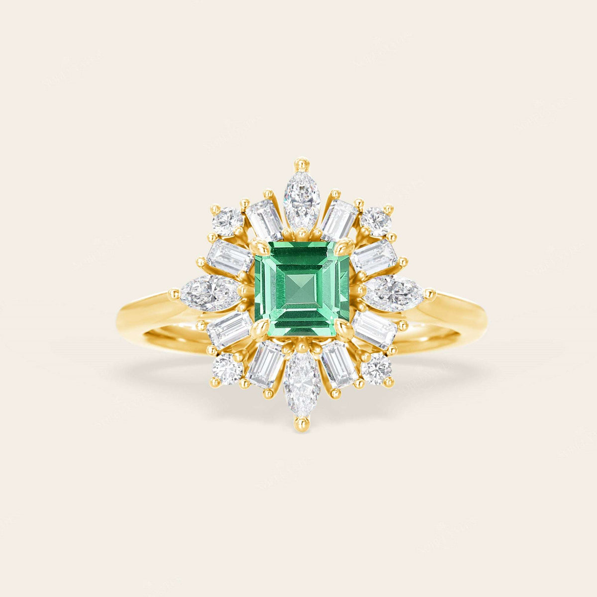 Lab Green Sapphire Asscher Cut Ballerina Art Deco Engagement Ring-Nobel Yates