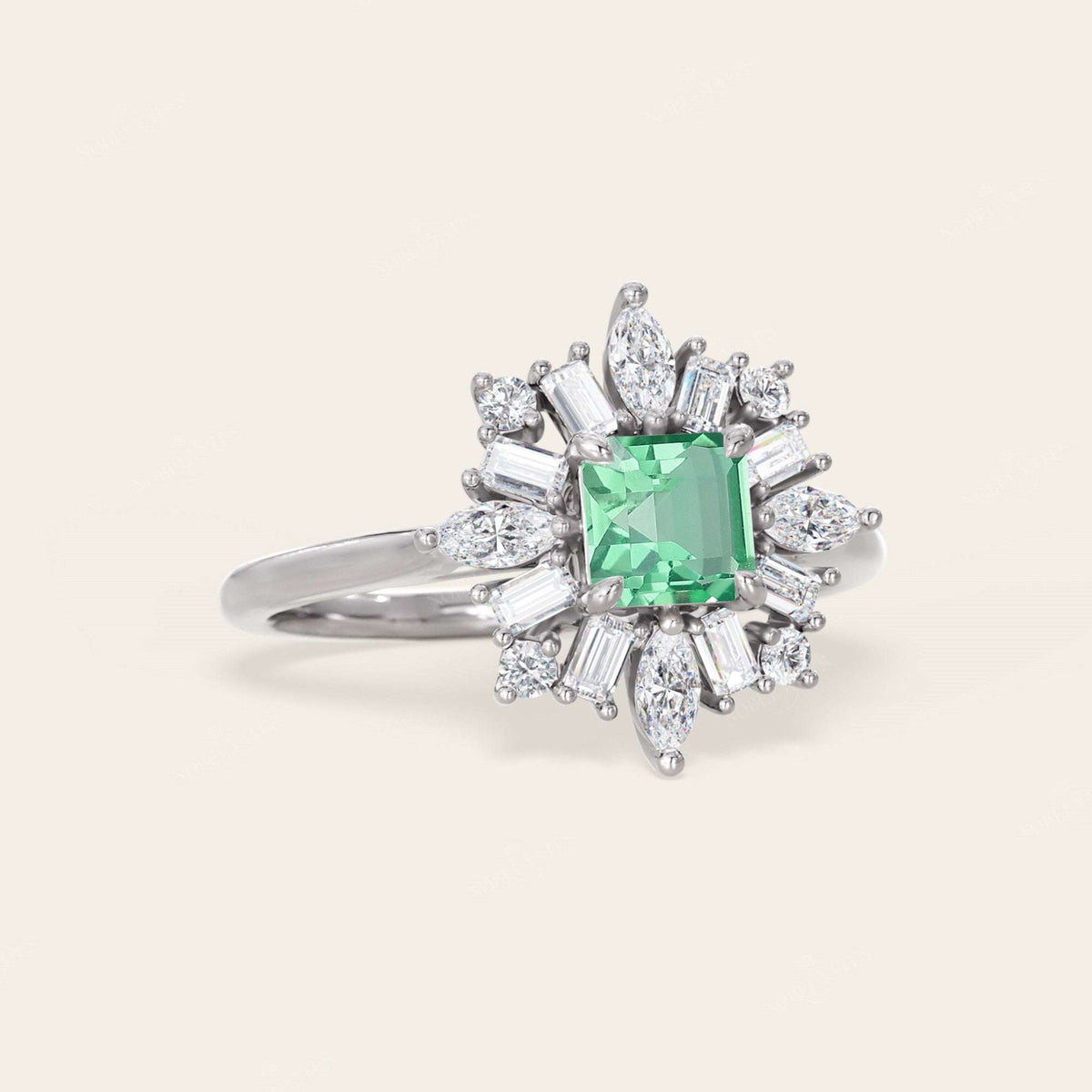 Lab Green Sapphire Asscher Cut Ballerina Art Deco Engagement Ring-Nobel Yates