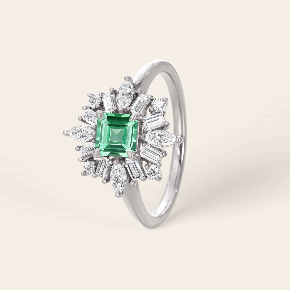Lab Green Sapphire Asscher Cut Ballerina Art Deco Engagement Ring-Nobel Yates