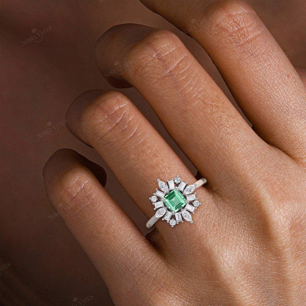 Lab Green Sapphire Asscher Cut Ballerina Art Deco Engagement Ring-Nobel Yates