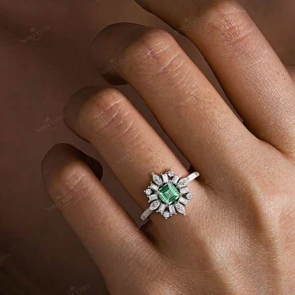 Lab Green Sapphire Asscher Cut Ballerina Art Deco Engagement Ring