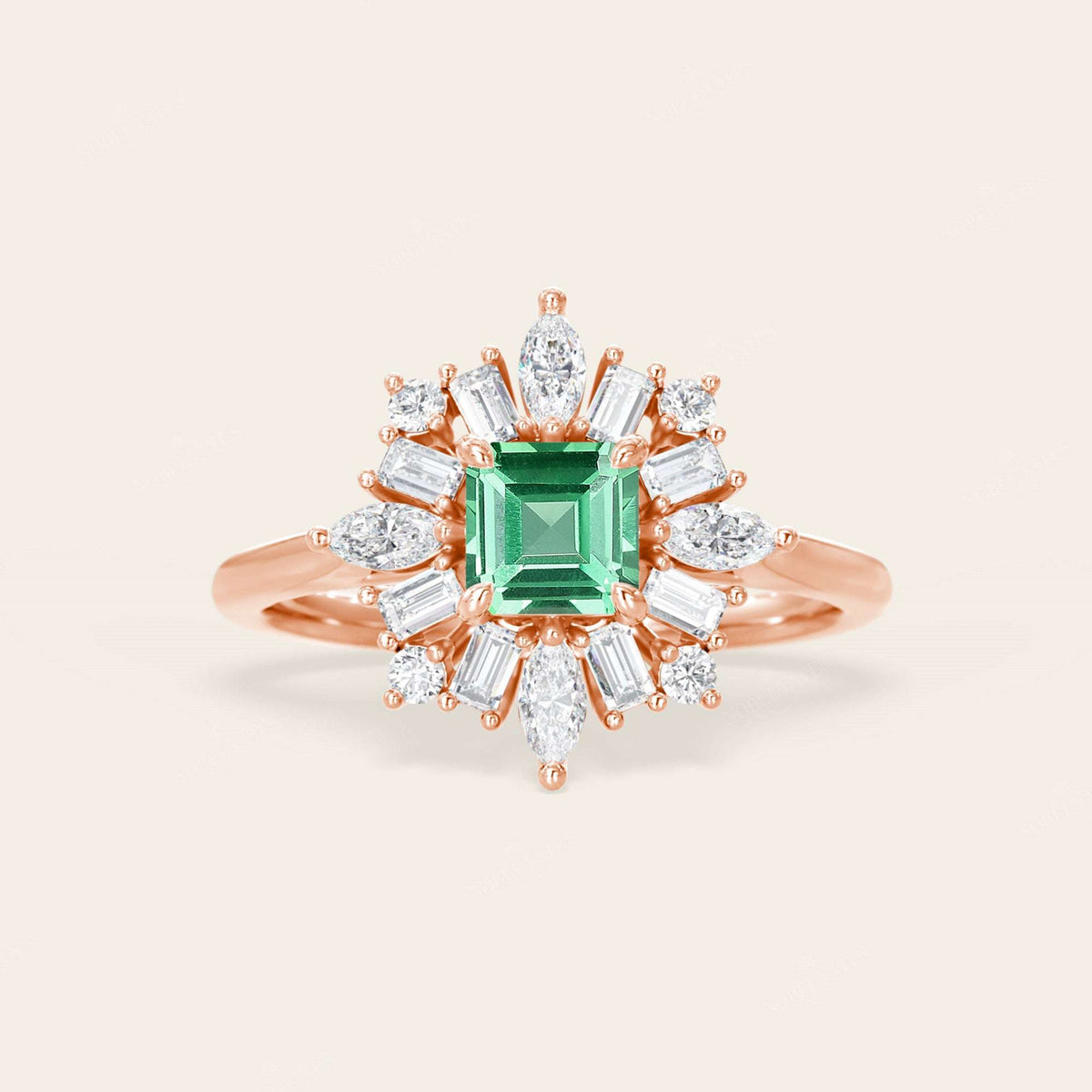 Lab Green Sapphire Asscher Cut Ballerina Art Deco Engagement Ring-Nobel Yates