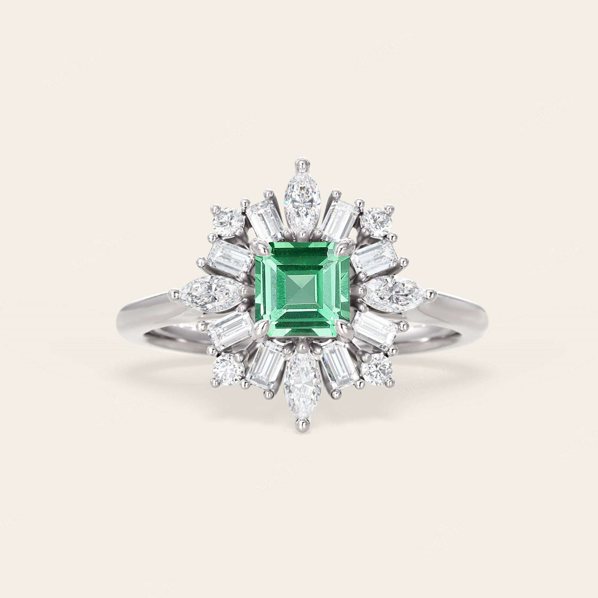 Lab Green Sapphire Asscher Cut Ballerina Art Deco Engagement Ring-Nobel Yates