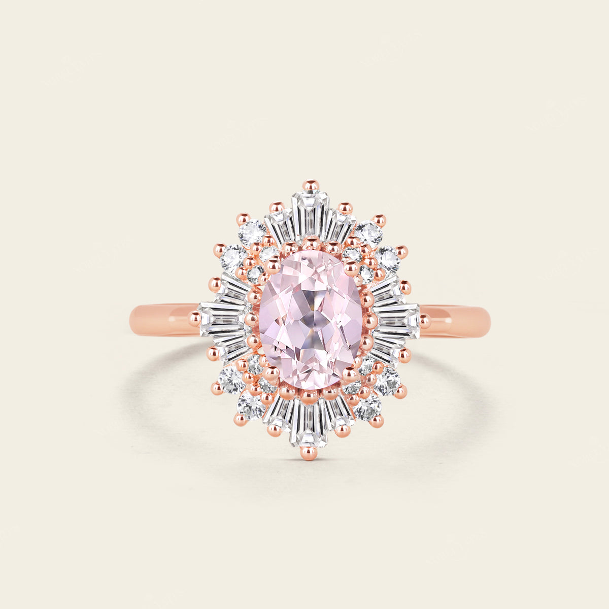 Oval Pink Morganite Art deco Halo Engagement Ring Rose Gold