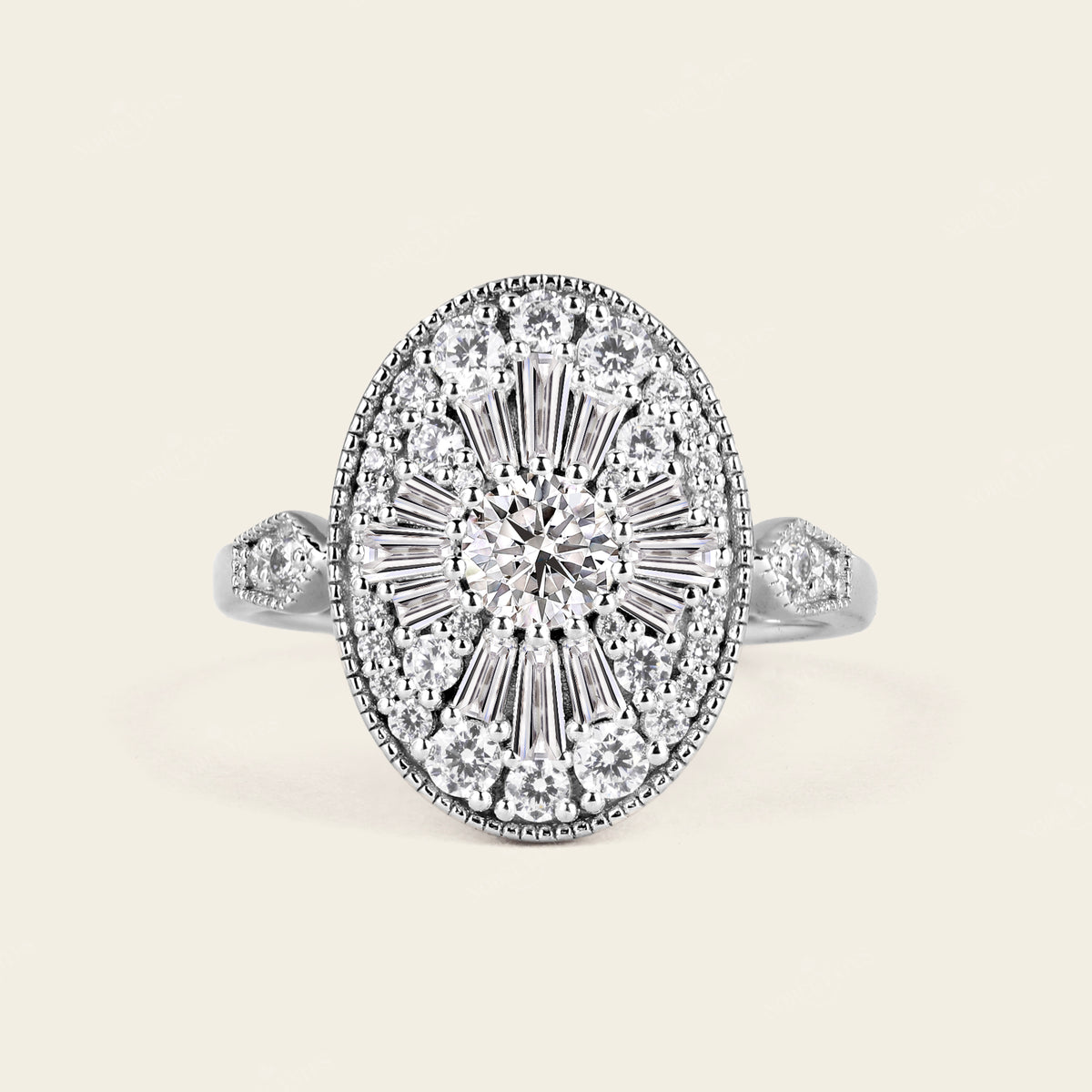 Art Deco Oval Shape Round Lab Diamond Halo Mosaic Ring