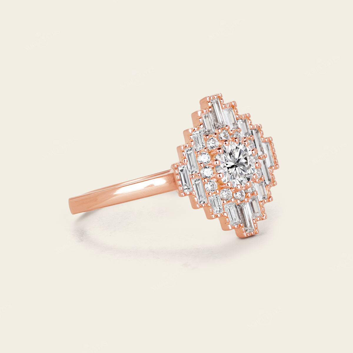 Art Deco Lab Diamond Baguette Halo Mosaic Ring