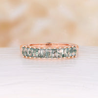 Baguette Moss Agate Straight Wedding Band Rose Gold Prong Set Band