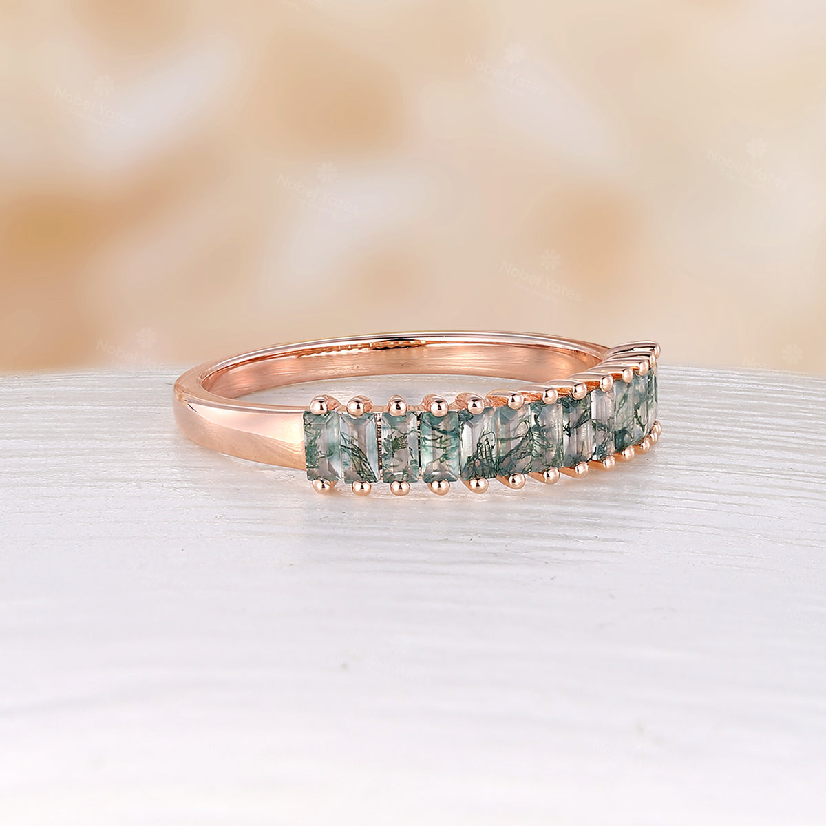 Baguette Moss Agate Straight Wedding Band Rose Gold Prong Set Band