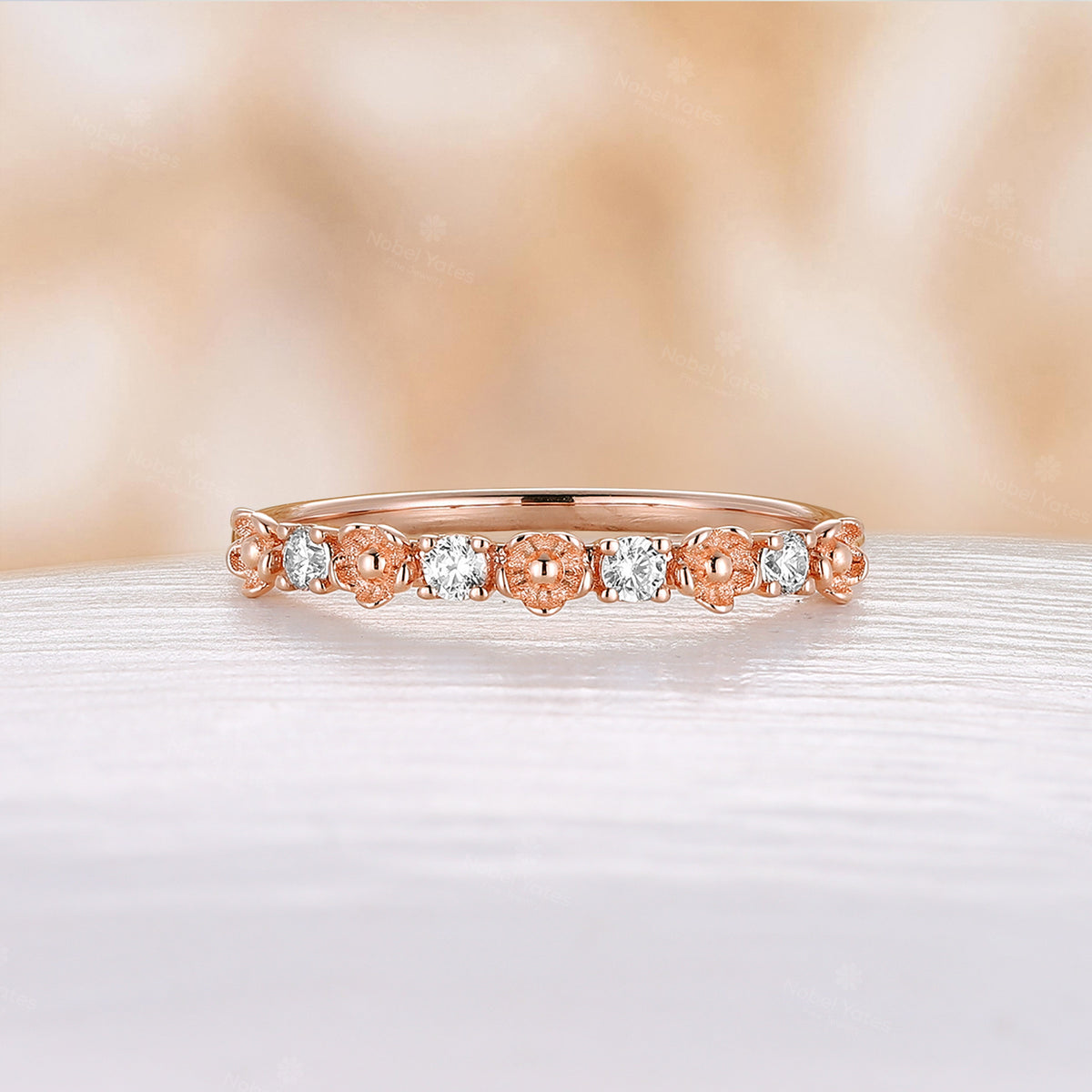 Nature Foral Rose Gold Round Moissanite Straight Wedding Band