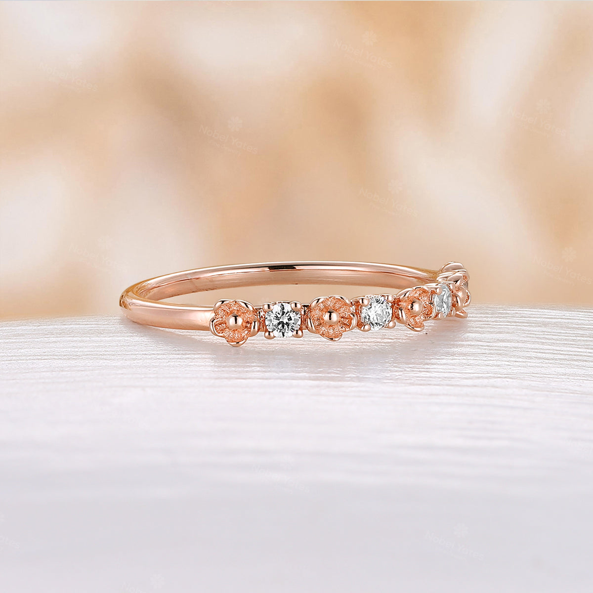 Nature Foral Rose Gold Round Moissanite Straight Wedding Band