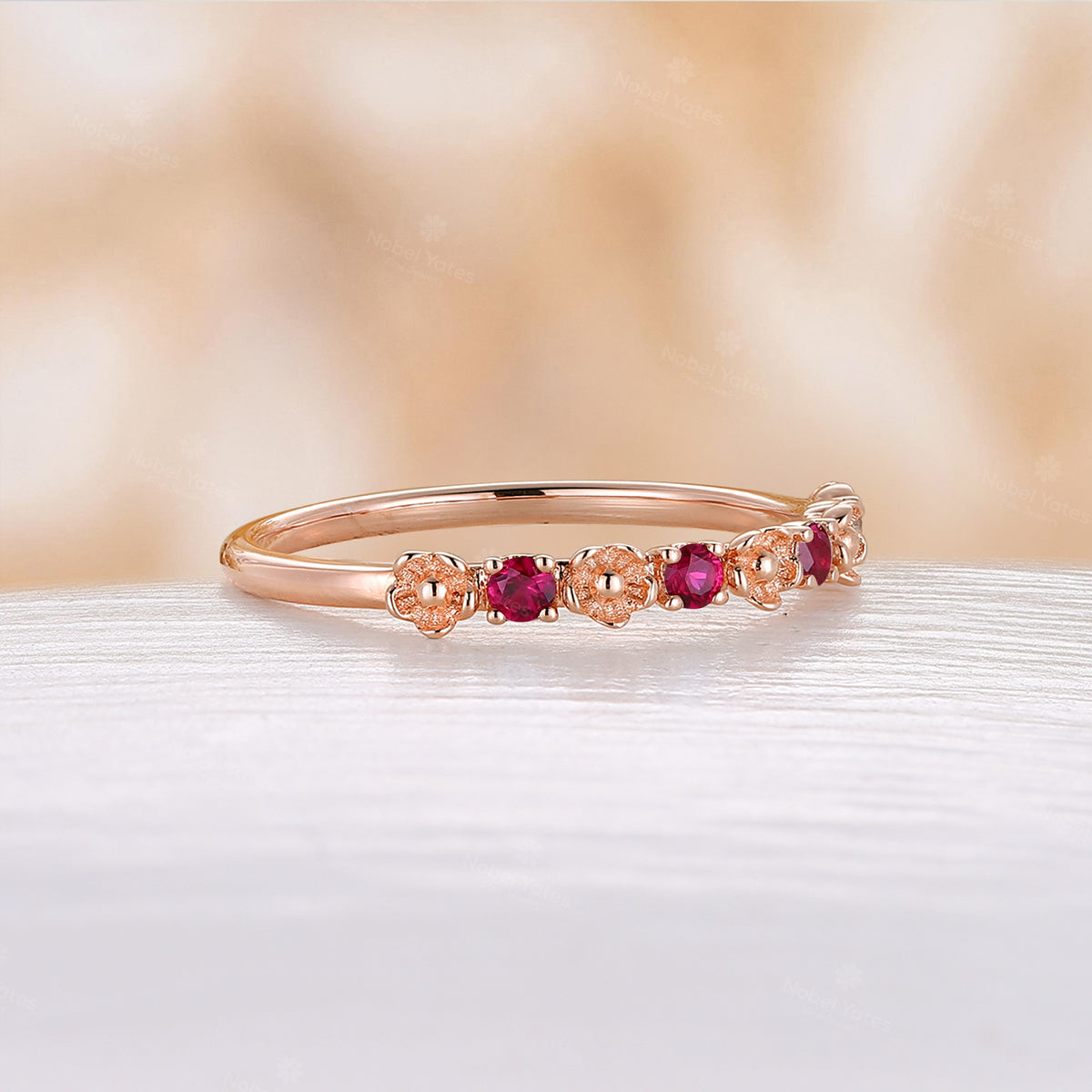 Nature Foral Rose Gold Round Lab Ruby Straight Wedding Band