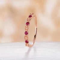 Nature Foral Rose Gold Round Lab Ruby Straight Wedding Band